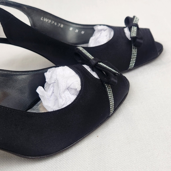 Stuart Weitzman Black Peep Toe Sparkle Bow Heel Pumps - Picture 8 of 10